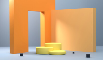 Wall scene with a hole through it And there is a podium in front that stands out with the shadows. scene stage mockup showcase for product, sale, banner, presentation, cosmetic, offer. © photobuay