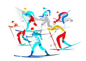 Cross-country skiing competition.
Expressive illustration of nordic skiing competitors.