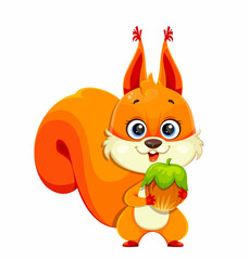Cute fluffy squirrel holding nut