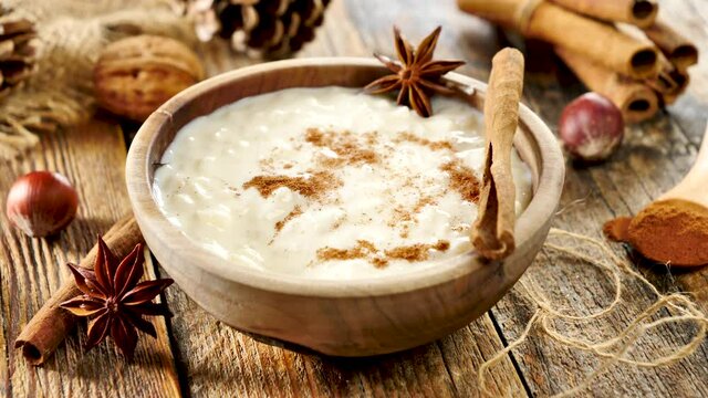 rice pudding- rice cooked with milk and spices
