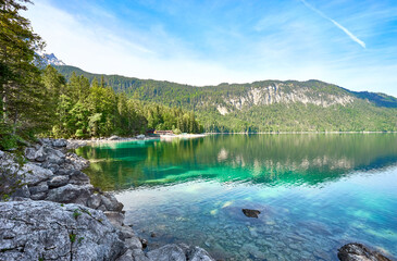 Picturesque Lake Eibsee in the Mountains of Bavaria in Germany