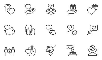 Set of Vector Line Icons Related to Donations and Charity. Volunteer, Helping, Providing Assistance, Kindness. Editable Stroke. 48x48 Pixel Perfect. - obrazy, fototapety, plakaty