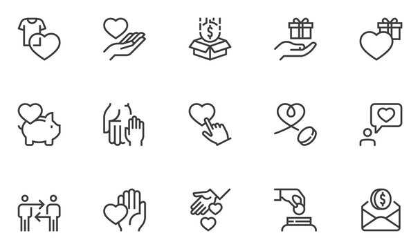 Set of Vector Line Icons Related to Donations and Charity. Volunteer, Helping, Providing Assistance, Kindness. Editable Stroke. 48x48 Pixel Perfect.