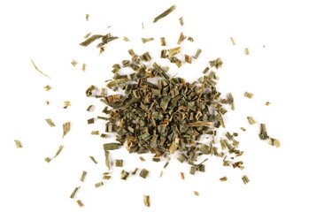 Dried chives pile isolated on white background, top view