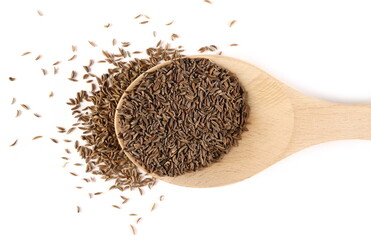 Cumin, caraway seeds in wooden spoon isolated on white background, top view