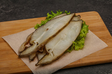 Delicous smoked halibut slices snack
