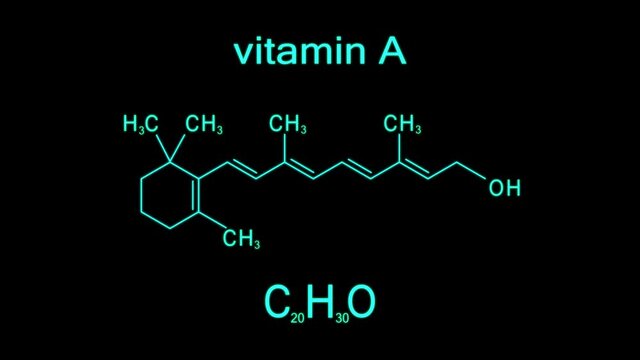 Abstract motion of structural chemical formula of vitamin A on black background. Animation of molecules with neon light. Pharmacy concept.