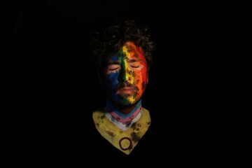 Portrait of serious confident young man painted as lgbtq progress pride flag and black dark copy space background *3