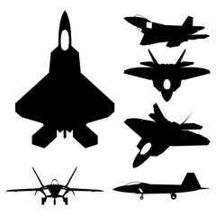 Jet Fighter F-22 Raptor aircraft icon. Airplane Silhouette Icon Set Black Color