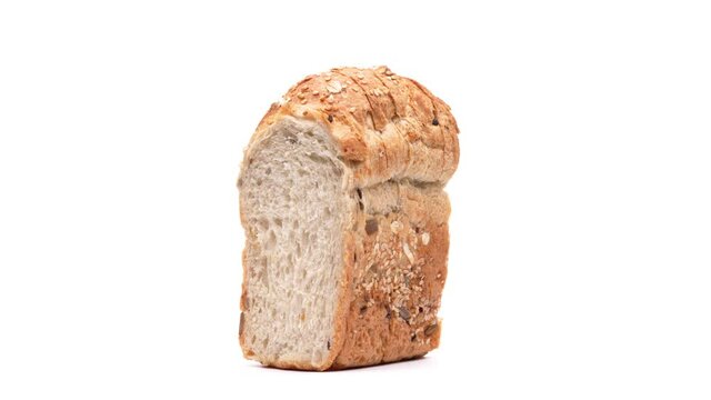 Close-up of bread slices isolated on white background.
