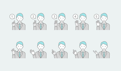 シンプルな線画で描かれた、スーツを着た男性がハンドサインをしているアイコンセット