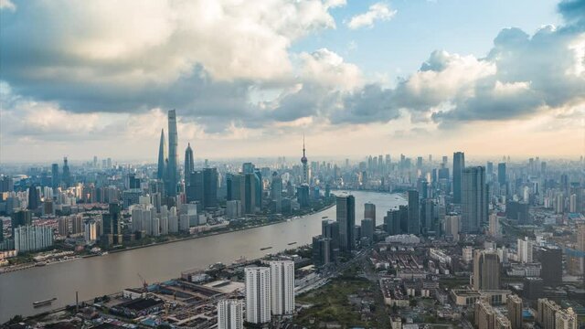 Drone shot: 4K Aerial view of Shanghai skyline in sunny sky.Shoot with Cinema DNG sequence