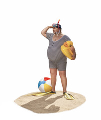 Funny overweight retro swimmer looking for the beach isolated on white background