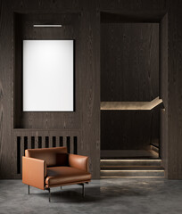 Modern interior with wood wall panel, concrete floor and orange armchair. 3d render illustration mockup.