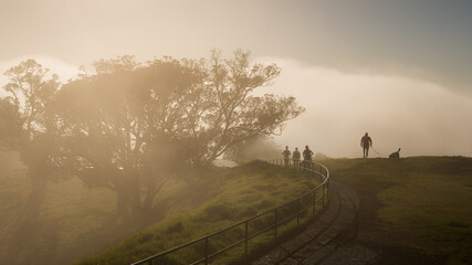 Heavy fog drifting over Mt Eden summit with Silhouette people and dog walking, Auckland