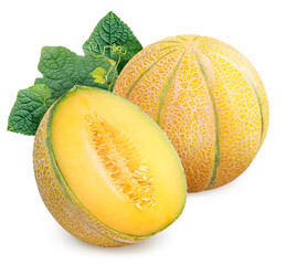 US Muskmelon on white background With clipping path, Yellow melon or cantaloupe melon with seeds isolated on white background.