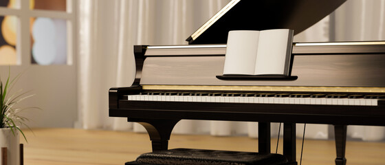 Classic piano in luxury practice room at home, Grand piano with music book
