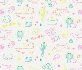 pets animals vector seamless funny pattern print