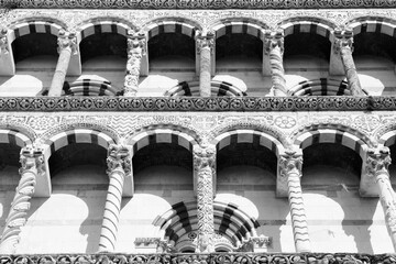 Lucca cathedral. Black white Italy.