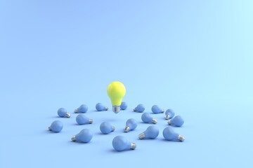 3D rendering of The yellow energy-saving lamp is floating on a blue light bulb placed on a pastel blue floor. and the blue background. concept for new ideas and Outstanding idea, illustration.