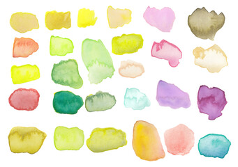 Set of watercolor shapes. Watercolors spots. Illustration for artistic design. Blobs of different color.