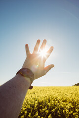 man hands with watch on wrist sun rays goes though fingers