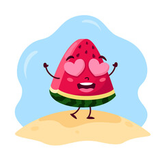Summer cute kawaii watermelon character. Vector illustration. Cartoon style. Watermelon in love.