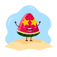 Summer cute kawaii watermelon character. Vector illustration. Cartoon style. Watermelon delighted, star eyes.