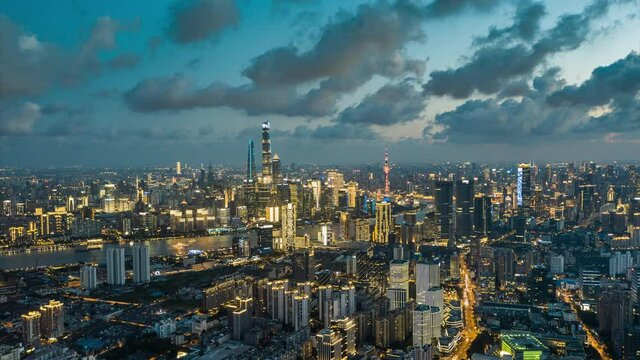 Drone shot: 4K Aerial view of Shanghai skyline in sunny sky.Shoot with Cinema DNG sequence