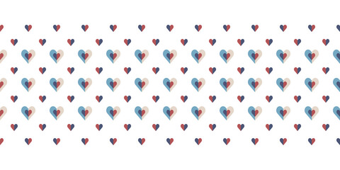 Seamless geometric vector pattern Border with hearts. Cute repeating texture in polka dot style in off-white, red and blue colours. Great for prints, stationery, home decor.