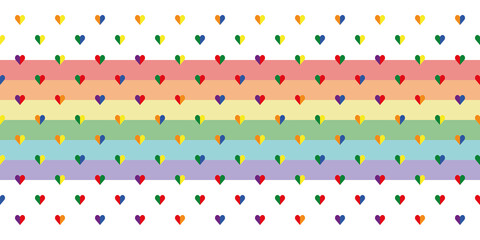 Playful abstract seamless vector pattern Border with little hearts on stripes in bright and pastel rainbow colours. Decorative geometric grid texture for fashion, prints and themed stationery.