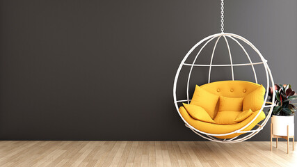 hanging chair yellow cushion with black wall