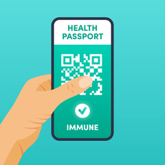 Electronic Health passport Covid-19 QR code on smartphone screen in woman hand vector concept. Vaccination or negative coronavirus test green valid certificate. Immunity pass app