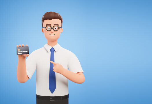 Happy businessman in white shirt showing credit card over blue background with copy space. Bank service advertising.