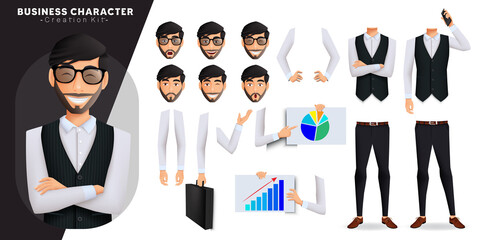 Businessman creation kit vector set. Business man employee character kit with editable body parts and facial expressions for office worker post and gestures creator design. Vector illustration

