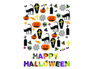 Fototapeta na wymiar Halloween background with stylized holiday elements (pumpkin, cat, spider web, skull, candy) 