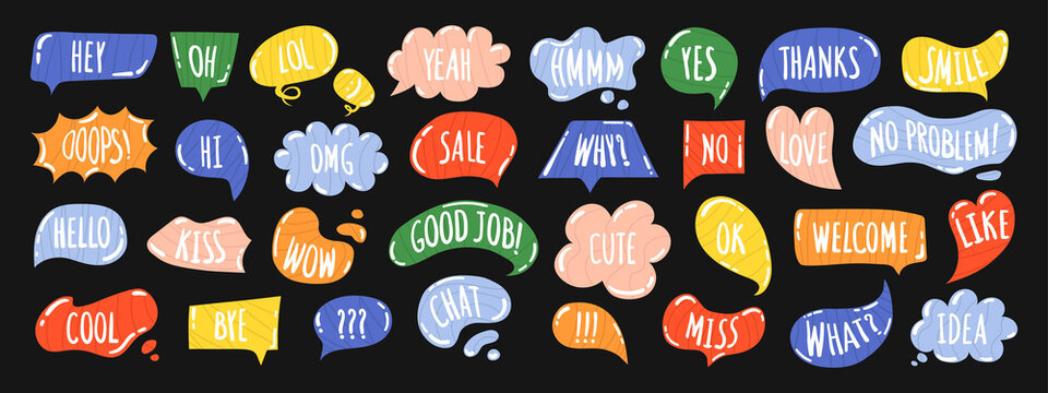 Set of stylish speech bubbles with phrases. Dialog boxes with phrases Hello, Bye, Love, Like, Why, Smile, Hey, Kiss, Sale, Yes, No. Clouds of online chats with different words, comments, drawn by hand