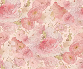 pink watercolor peonies and roses seamless pattern