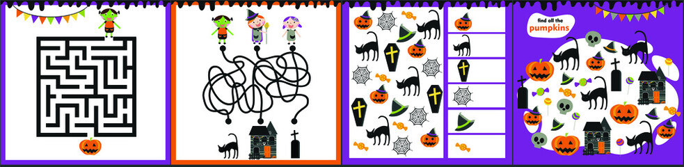 Halloween maze game for kids. I spy. 
