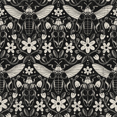 Old school beetles and daisies pattern - 447455559