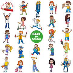 back to school set with cartoon children characters