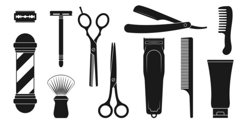 Barber and hairdresser icon set. Barbershop tools. Hair cut instruments with retro razor, comb or brush, scissors, vintage blade. Vector illustration.