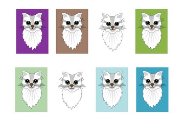 Fototapeta premium Images of the muzzle and breast of a white and gray cat on a white background and on frames with a colored background, illustration for design and print