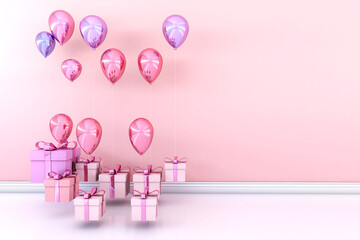 Colorful Bunch of Birthday 3D Balloons Flying for Party in room. 3D illustration, 3D rendering	