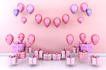 Colorful Bunch of Birthday 3D Balloons Flying for Party in room. 3D illustration, 3D rendering	
