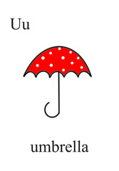 The alphabet, the letter u. Red umbrella with white circles on a white isolated background