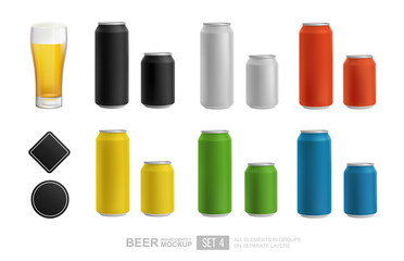 Realistic vector aluminium tin cans for drink or beverage package mockup design. Vector template for brand identity. Black, yellow, silver, green,re and blue tin cans of 0,5 and 0,33