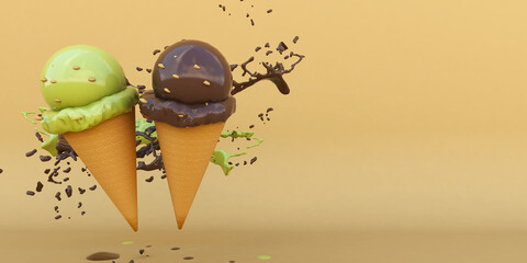 Ice Cream on Paper Background. Summer time. 3D illustration, 3D rendering	
