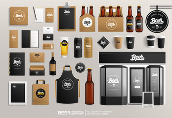 Beer package and Restaurant facade Brand identity vector Mockup set. Dark craft beer vector bottle, restaurant sign, package, menu and stationery items. Outdoor signage bar and cafe items mockup