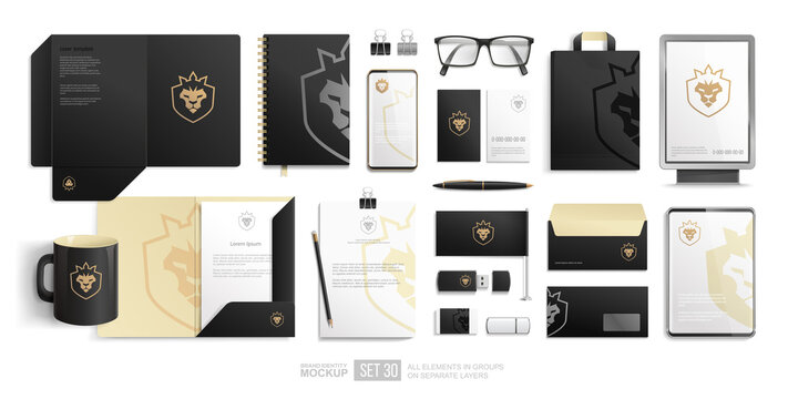 Office stationery branding identity Mockup set on white background. Realistic vector of city lightbox, folder, blank, phone, tablet. Business Stationery Black design with golden lion crown icon logo